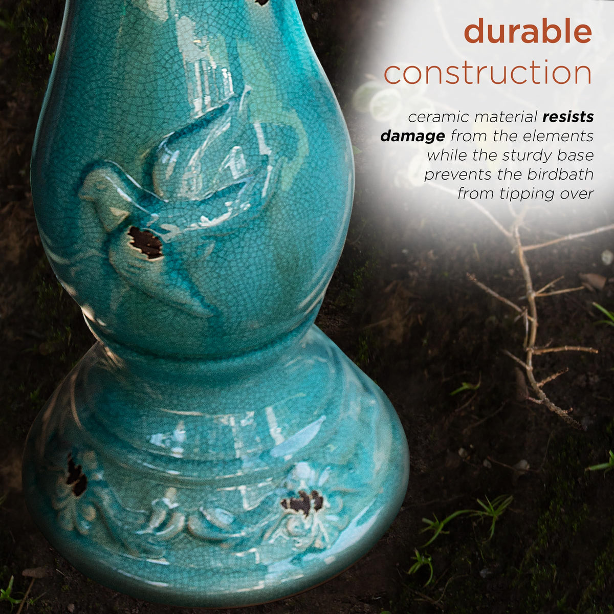 Alpine Corporation 25" Tall Outdoor Ceramic Antique Pedestal Birdbath with 2 Bird Figurines