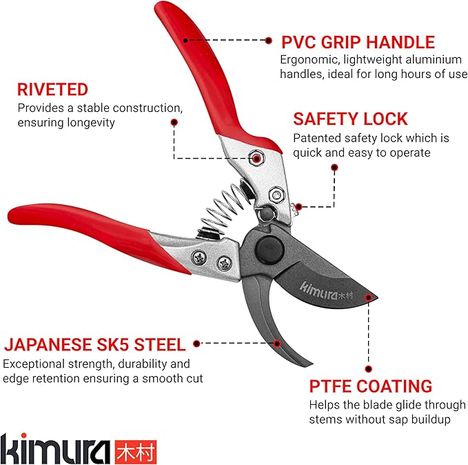 Kimura® 8" Pro Bypass Pruning Shears, Heavy Duty Japanese SK5 Steel Blades, 1 inch Cut Capacity