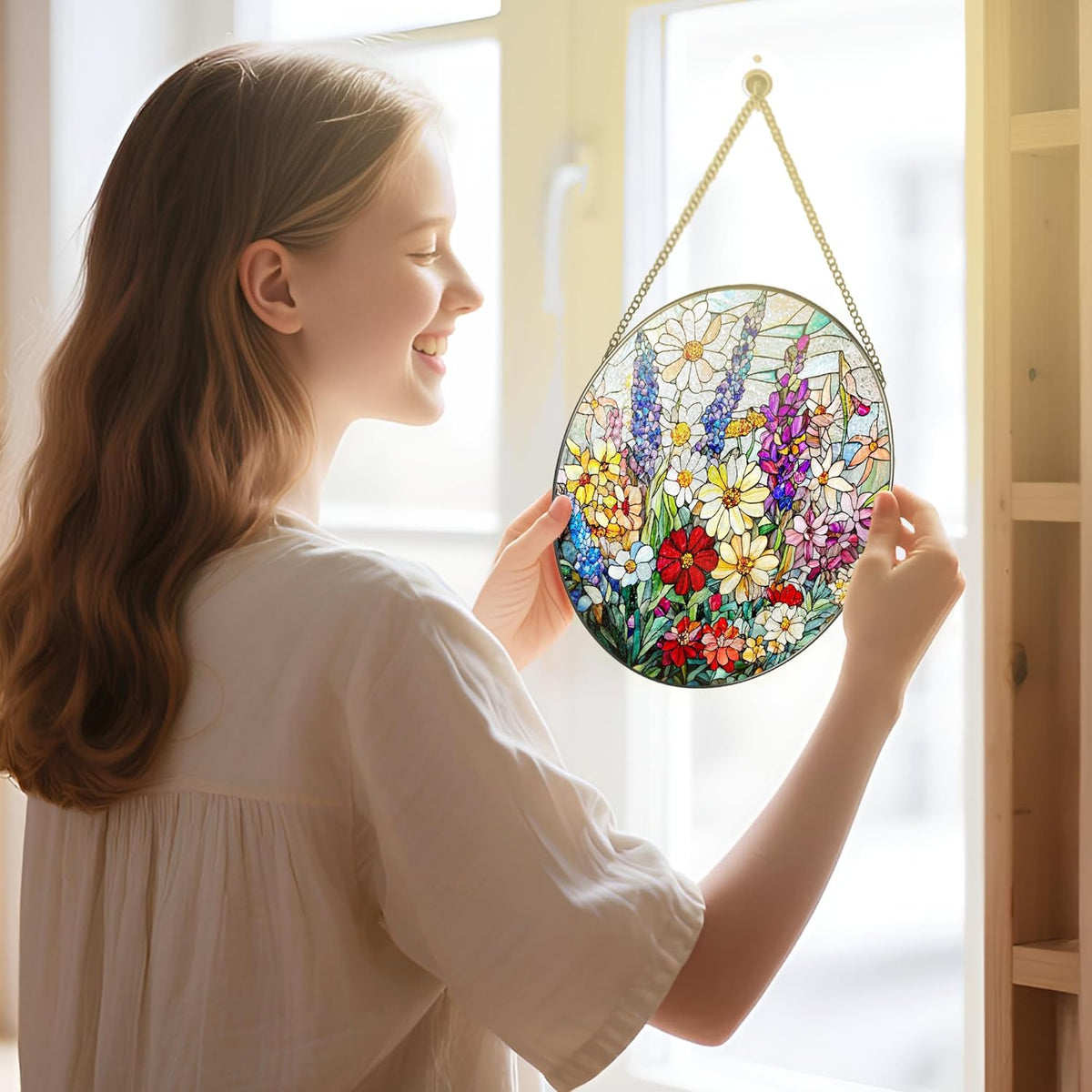 Stained Glass Window Hanging, 8 Inch Wildflower Stained Glass Suncatcher, Suncatchers for Windows