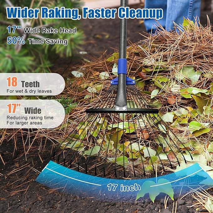 Rake for Leaves: Adjustable Metal Leaf Rake for Lawn, 8-17" Expandable Head,75” Long