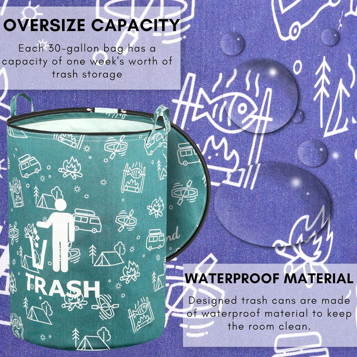 1 Pcs 30 Gallon Collapsible Trash Can Portable Waterproof Reusable with Zippered Lid for RV's