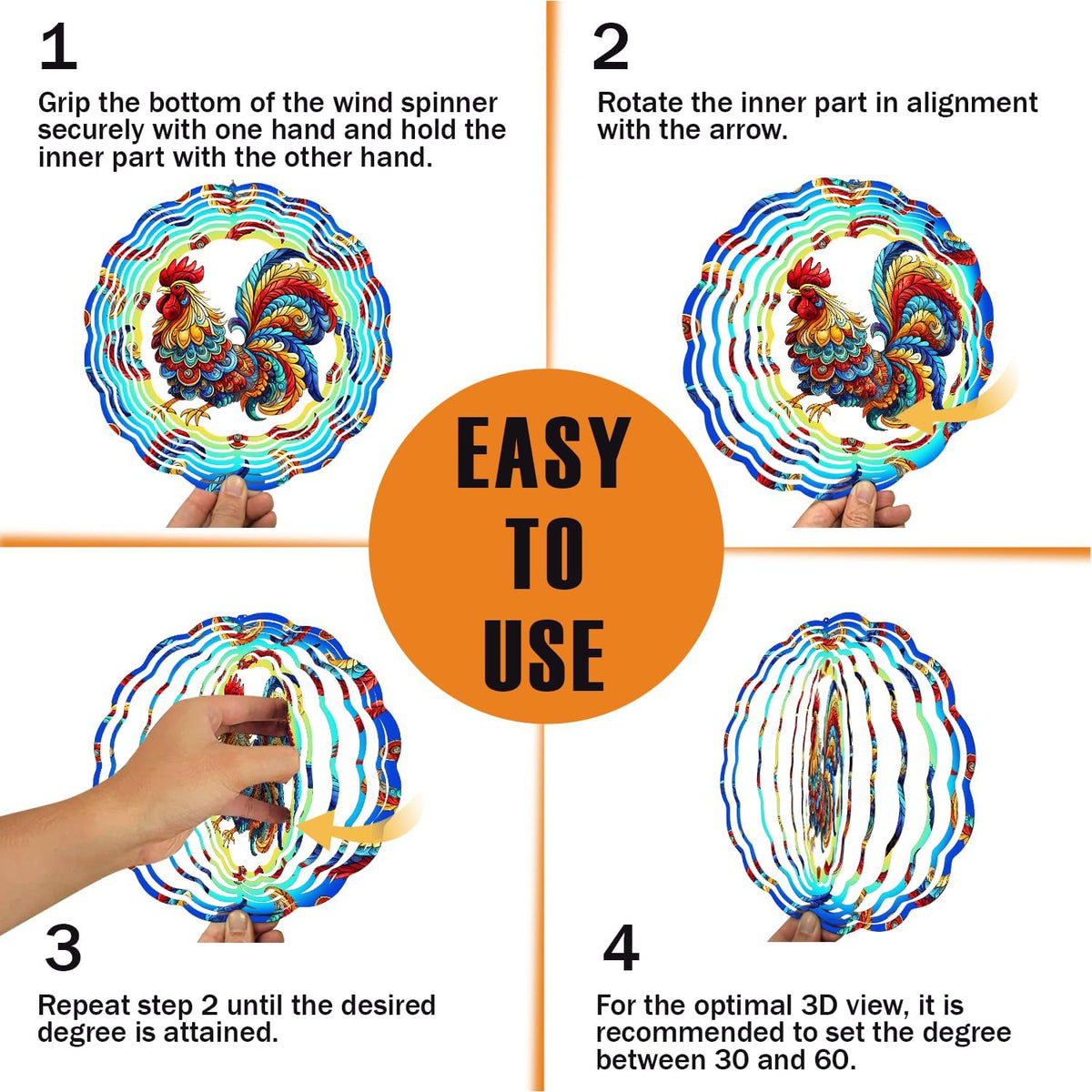 Rooster Wind Spinner, 3D Hanging Stainless Steel Garden Spinner, Wind Spinner Hanging for Outdoor &