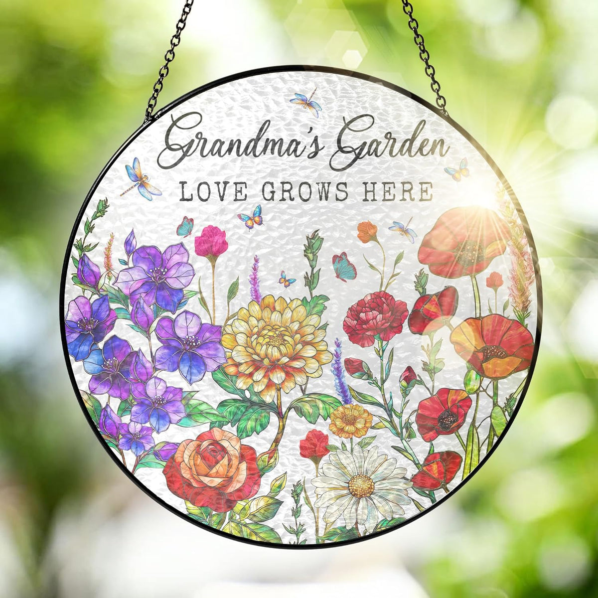 FLAGWIX Christmas Grandma Gifts - Grandmas Garden Stained Glass Window Hanging with Base 8 in