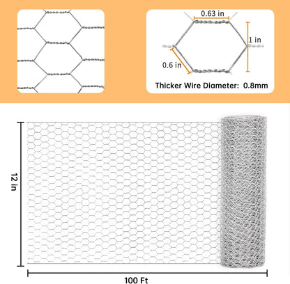 Sliver Chicken Wire 12 inch(H) x 100 ft(L), Anti-Rust Hexagonal Galvanized Metal Garden Netting for