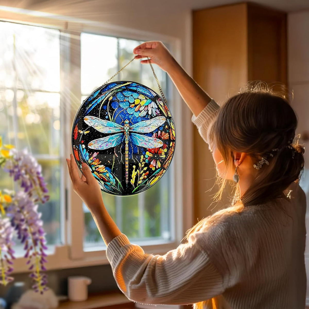 8 Inch Stained Glass Suncatcher Ornament, DOUHASU Dragonfly Sun Catchers Indoor Window, Stained