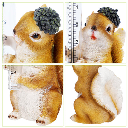 FORUP Resin Squirrel Rain Gauge, Hand Painted Squirrel Sculpture Water Gauge