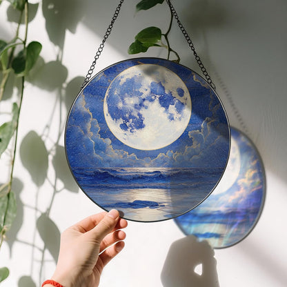 8'' Full Moon Over Ocean Sun Catcher Ornament, Stained Glass Window Hanging, Suncatchers for