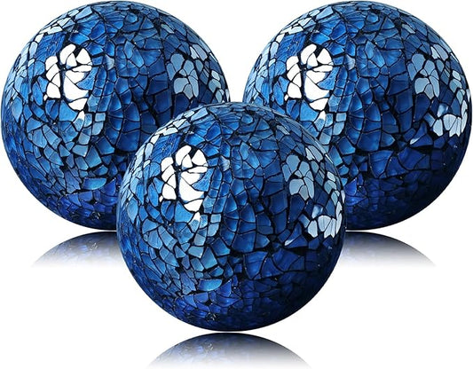 3 Pack Blue Decorative Orbs Mosaic Crack Glass Balls Decor Solid Sphere Globe Bowl Vase Fillers