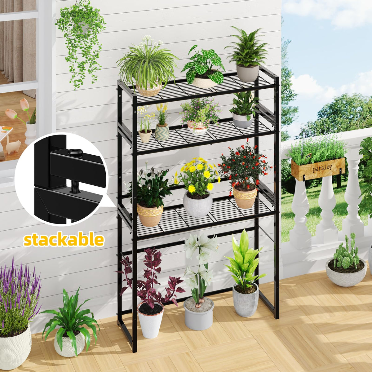 Simple Trending 3 Tier Metal Plant Stand Outdoor Indoor Waterproof, Stackable Heavy Duty Tall Plant