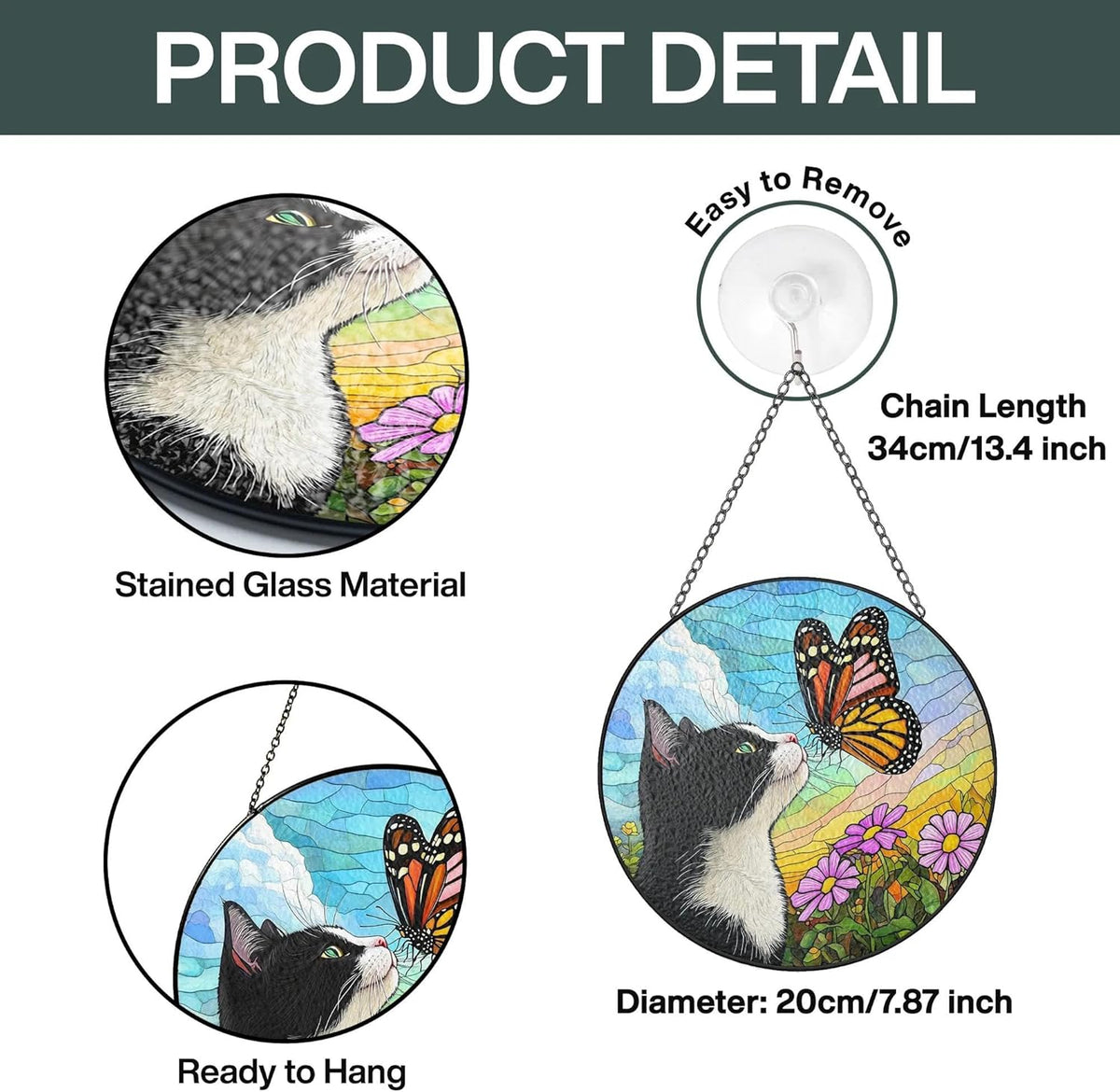 Tuxedo Cat Gifts, Black & White Cat Memorial Suncatcher Gift for Loss of Cats, Butterfly Stained