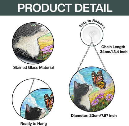 Tuxedo Cat Gifts, Black & White Cat Memorial Suncatcher Gift for Loss of Cats, Butterfly Stained