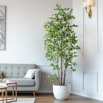 Artificial Ficus Tree Indoor 8ft, Large Potted Faux Tree with Realistic Silk Leaves & Trunk for