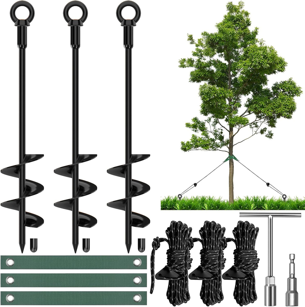 3 Pack 18" Tree Stake Kit, Heavy Duty Spiral Stakes and Supports for Leaning and Young Trees