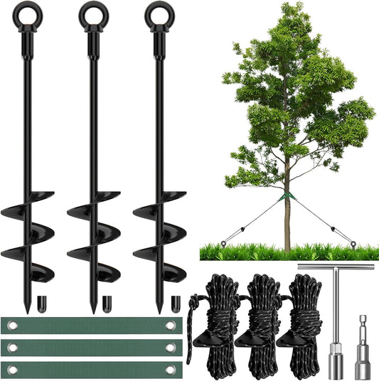 3 Pack 18" Tree Stake Kit, Heavy Duty Spiral Stakes and Supports for Leaning and Young Trees