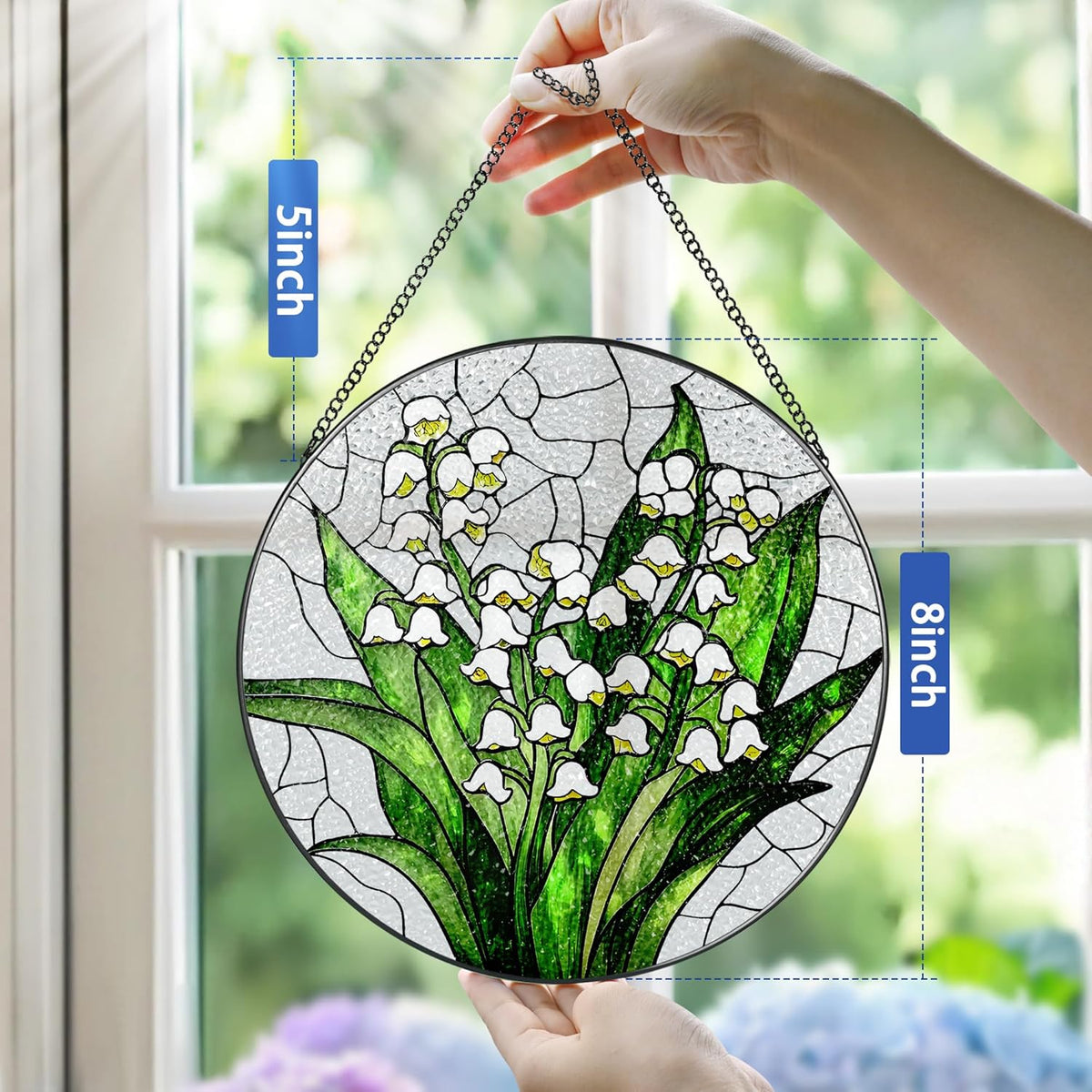 Lily of The Valley Flower Stained Glass Suncatcher, Stained Glass Window Hanging, 8 Inch Green