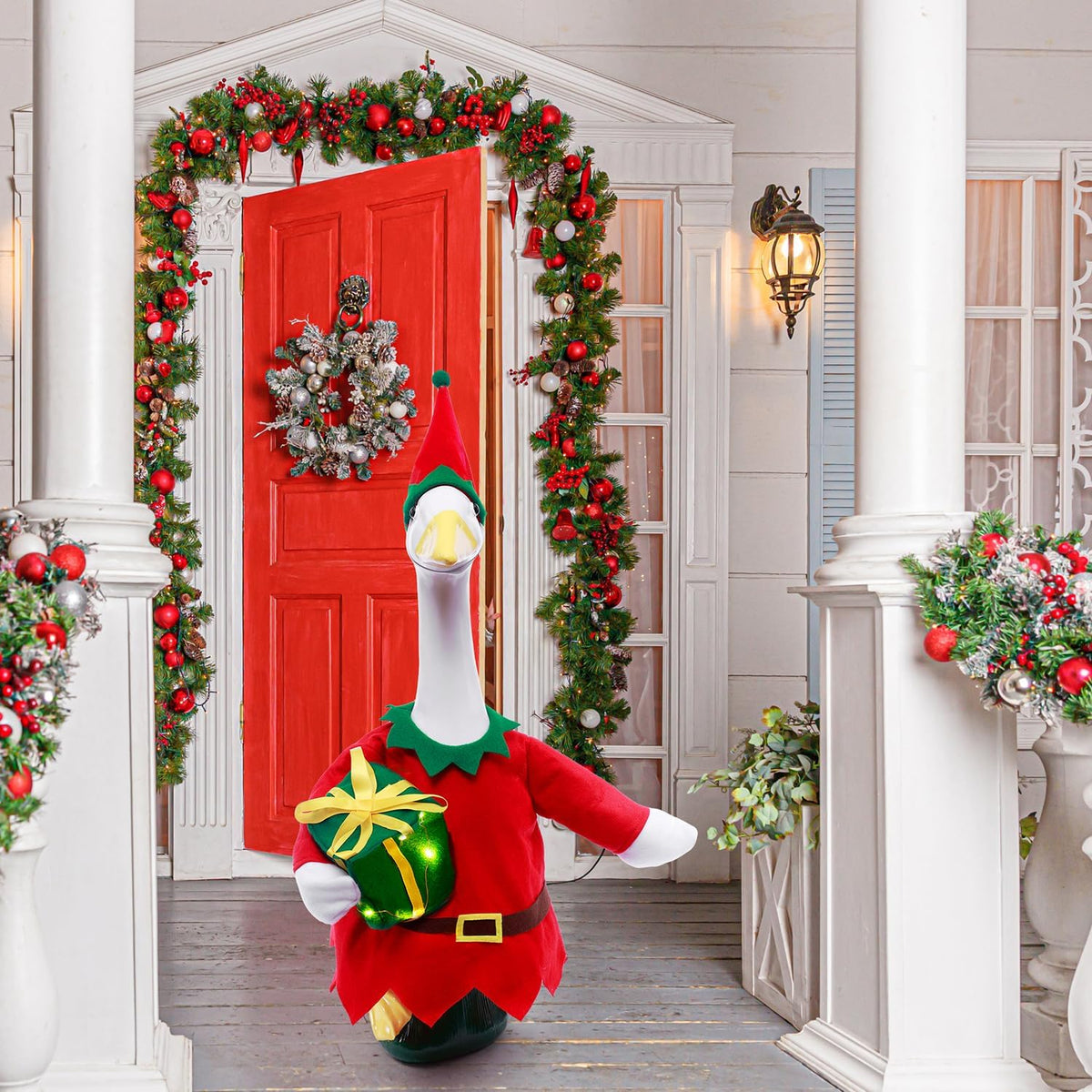 Christmas Toy Soldier Style Porch Goose Outfits,2 Pcs/Set Goose Clothes with Pointed Hat and Gift