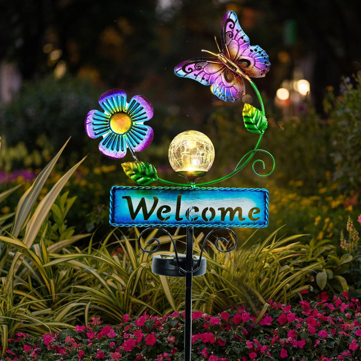 Outdoor Solar Garden Lights with Welcome Sign, Butterfly Ornament Metal Stake Lights for Lawn