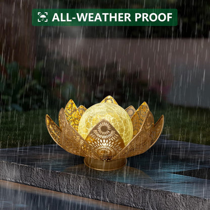 Solar Lights Outdoor Waterproof Lotus Flower Metal Yard Art Decoration Crackle Globe Glass Solar