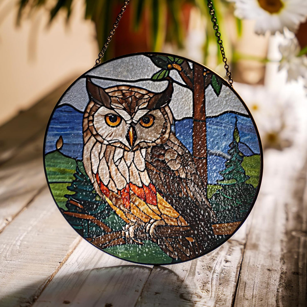 7.8" Owl Stained Glass Suncatchers Art Glass Wildlife Bird for Sun Catcher Indoor Window Gifts for