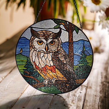 7.8" Owl Stained Glass Suncatchers Art Glass Wildlife Bird for Sun Catcher Indoor Window Gifts for