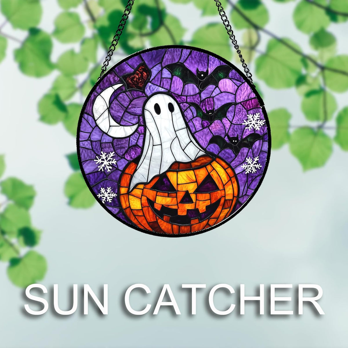 Stained Glass Window Hanging Halloween Horror Pumpkin 15" - Suncatcher Door Garden Sunroom Gothic