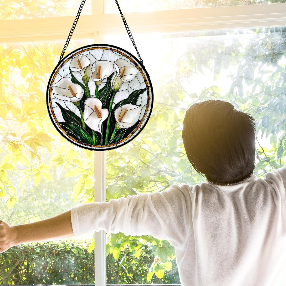 Stained Glass Window Hanging, White Calla Lily Flowers Sun Catchers Glass Panel Plant Suncatcher
