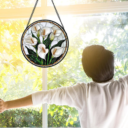 Stained Glass Window Hanging, White Calla Lily Flowers Sun Catchers Glass Panel Plant Suncatcher