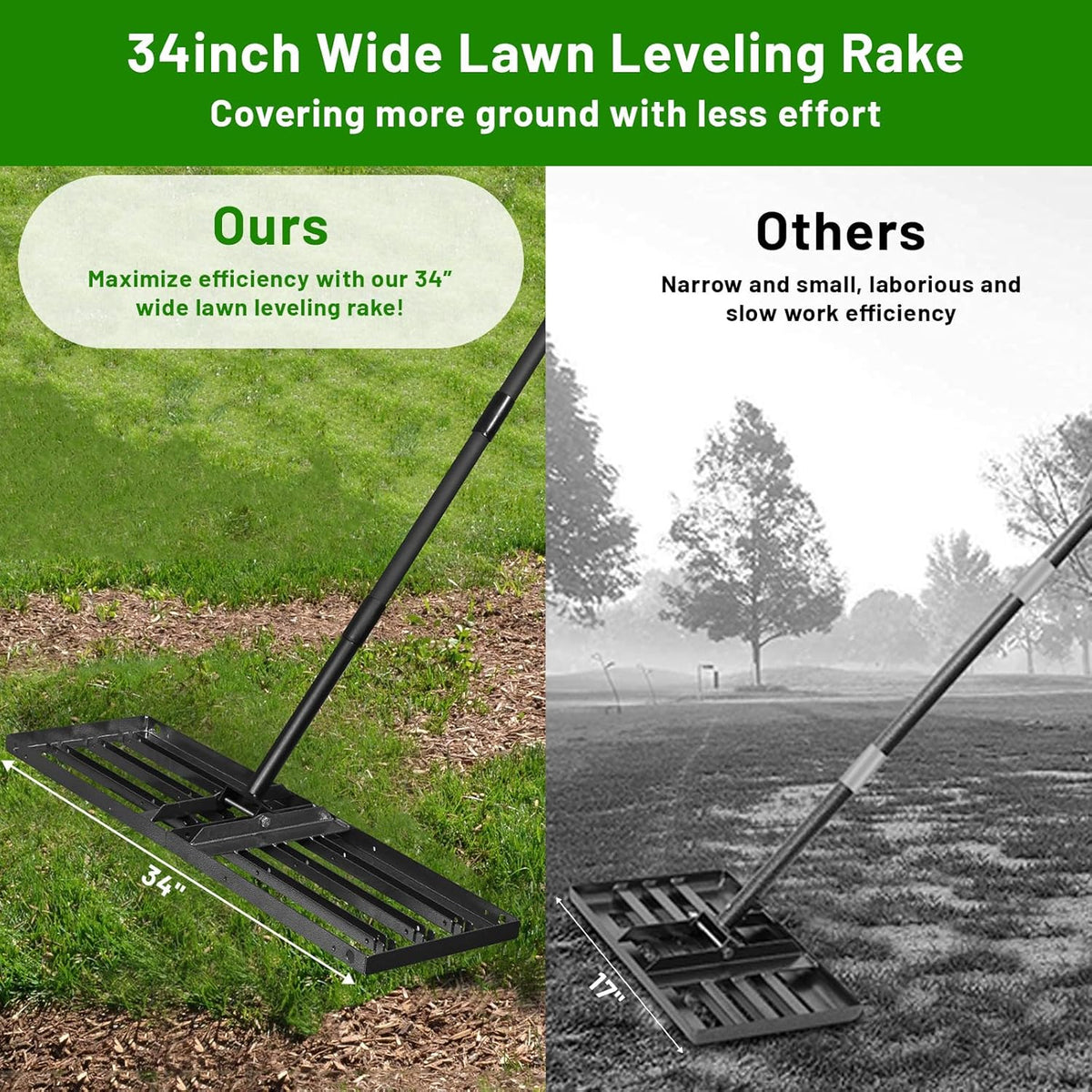 Lawn Leveling Rake 34"x9.5",Lawn Leveling Tool with 68" Long Adjustable Stainless Steel Handle for