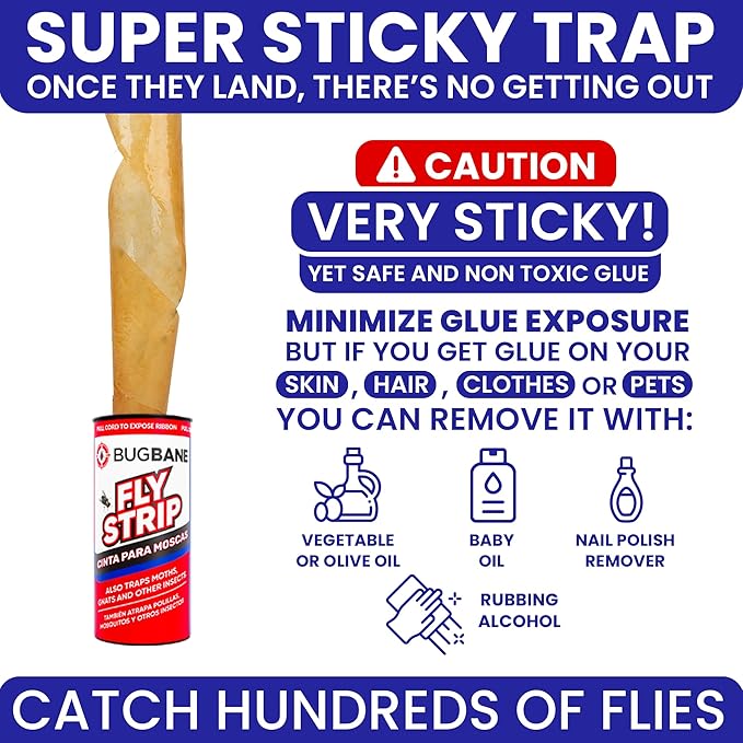 Fly Strips Indoor Sticky Hanging 24pk with Pins. Non Toxic Outdoor Fly Trap Indoor for Home. Flies