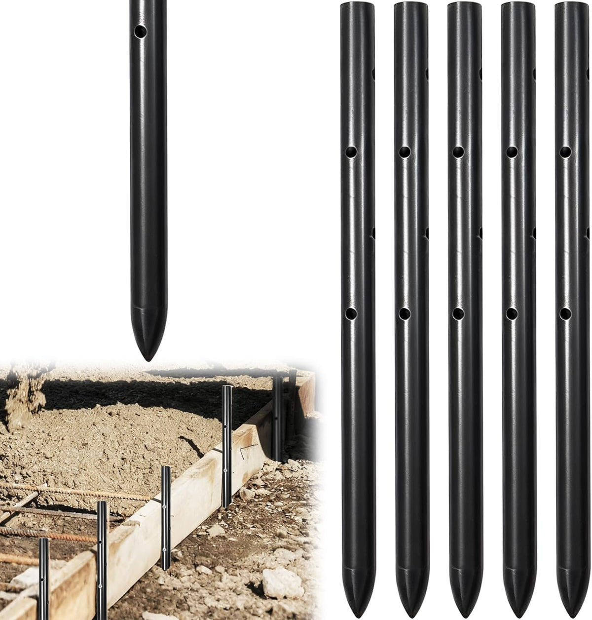 5PCS 12 Inch Round Steel Concrete Form Stakes with Holes Heavy Duty Rebar Stakes Concrete Pins for