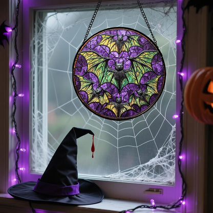 Stained Glass Window Hanging - Halloween Decorations Bats Suncatcher for Doors Garden Indoor Spooky