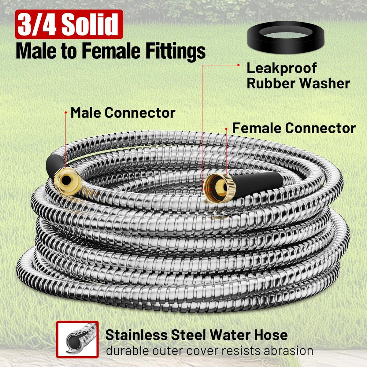Garden Hose 50 ft, Stainless Steel Metal Water Hose 50 Feet with Nozzle, Flexible, Rust Proof