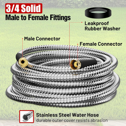 Garden Hose 50 ft, Stainless Steel Metal Water Hose 50 Feet with Nozzle, Flexible, Rust Proof