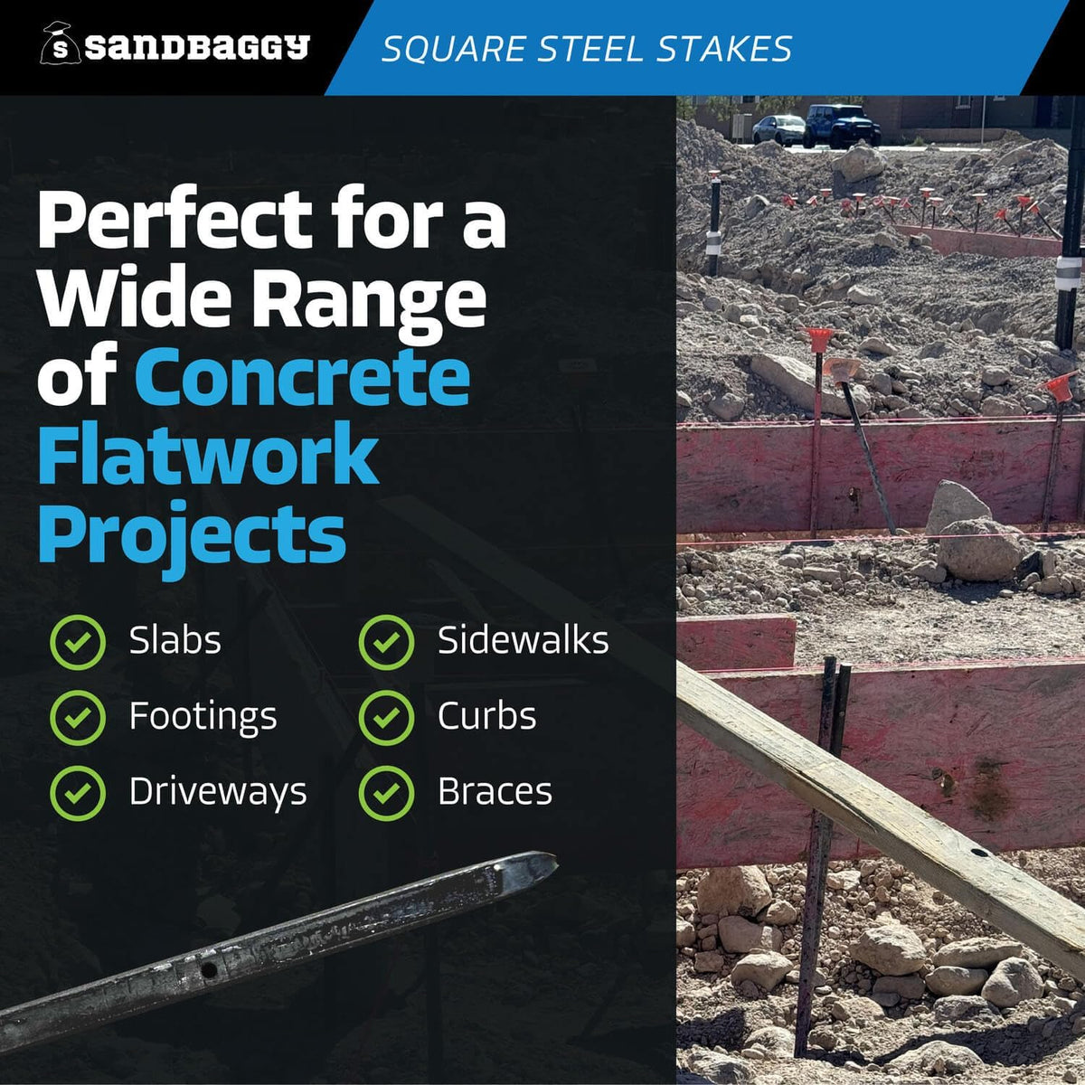 Sandbaggy Square Steel Concrete Form Stakes with Nail Holes - 5/8" Wide - Rust Resistant Coating