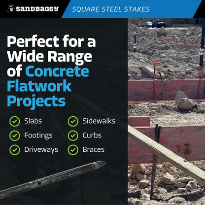 Sandbaggy 36" Square Steel Concrete Form Stakes with Nail Holes - 5/8" Wide - Rust Resistant