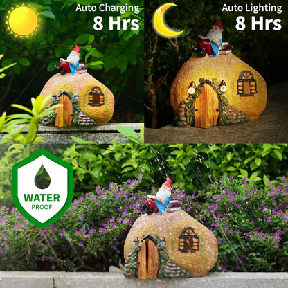 mopha Garden House Statues, Funny Gnome Fairy Garden Lights Figurine,Resin Solar Powered Outdoor