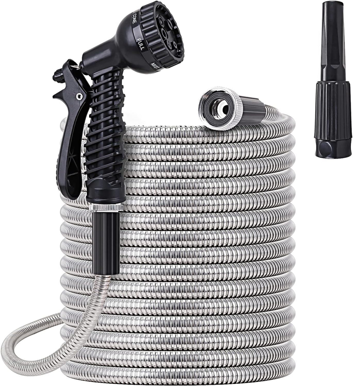 FOXEASE Metal water Hose 25 ft - Stainless Steel Water Hose with 2 Nozzles, Lightweight, Tangle