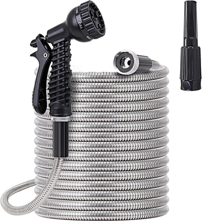 FOXEASE Metal water Hose 25 ft - Stainless Steel Water Hose with 2 Nozzles, Lightweight, Tangle