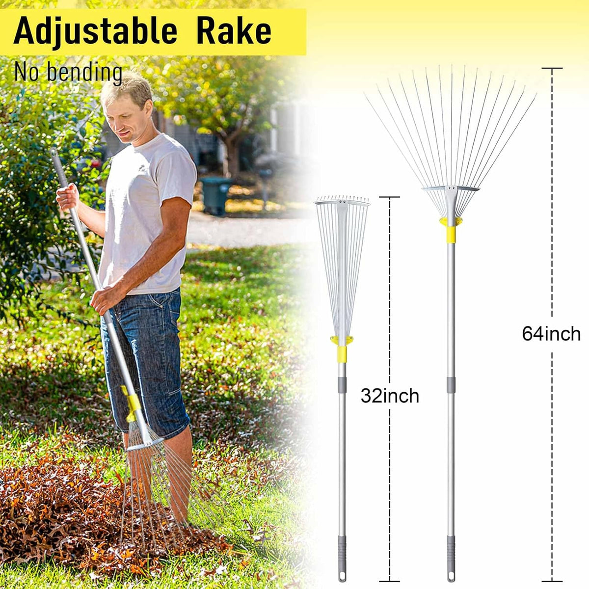 JARDINEER Adjustable Rakes for Leaves, Larger Garden Leaf Rake for Lawns Grass with 7-23"