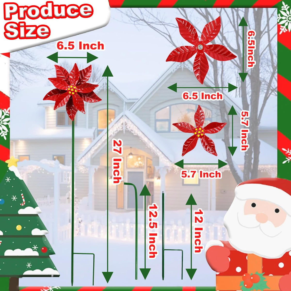 Metal Flower Wind Spinner Garden Lawn Stakes Yard Art, 27 Inch Poinsettia Windmill Iron Handicraft