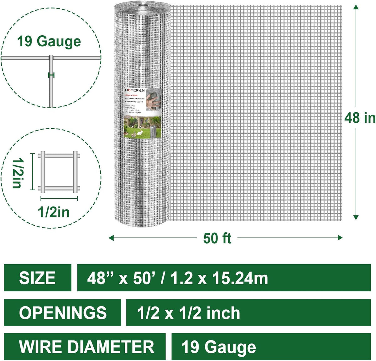 HOPERAN Hardware Cloth 1/2 Inch 48 x 50 ft - 19 Gauge Chicken Wire Fencing, Galvanized Wire Mesh