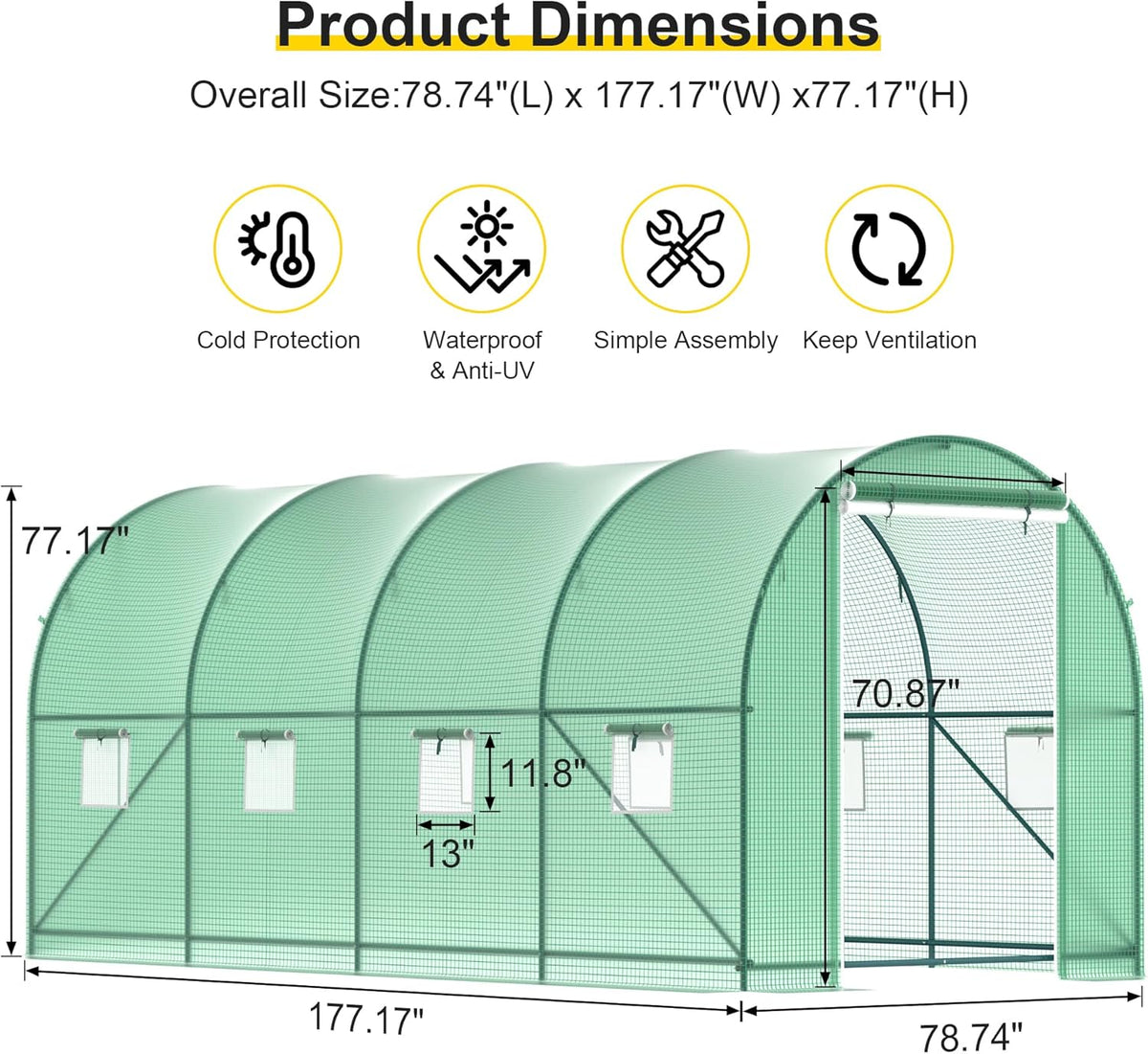 Greenhouse, 15’x7’x7’ Walk-in Greenhouse Heavy Duty Tunnel Green House with 6 Ventilated Mesh