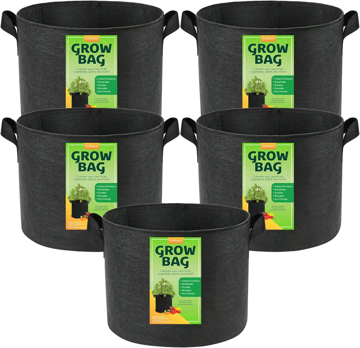 LotFancy 5-Pack 10 Gallon Grow Bags, Thickened Nonwoven Aeration Fabric Pots with Reinforced