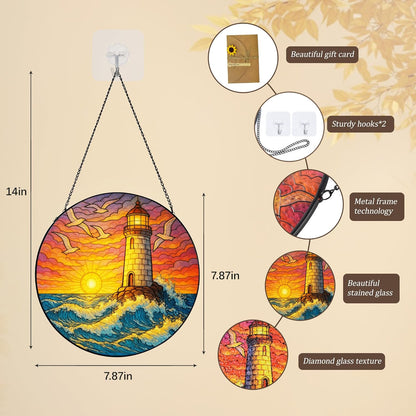 Stained Glass Window Hanging,Lighthouse Sun Catchers Stained Glass Panels for Indoor Windows Wall