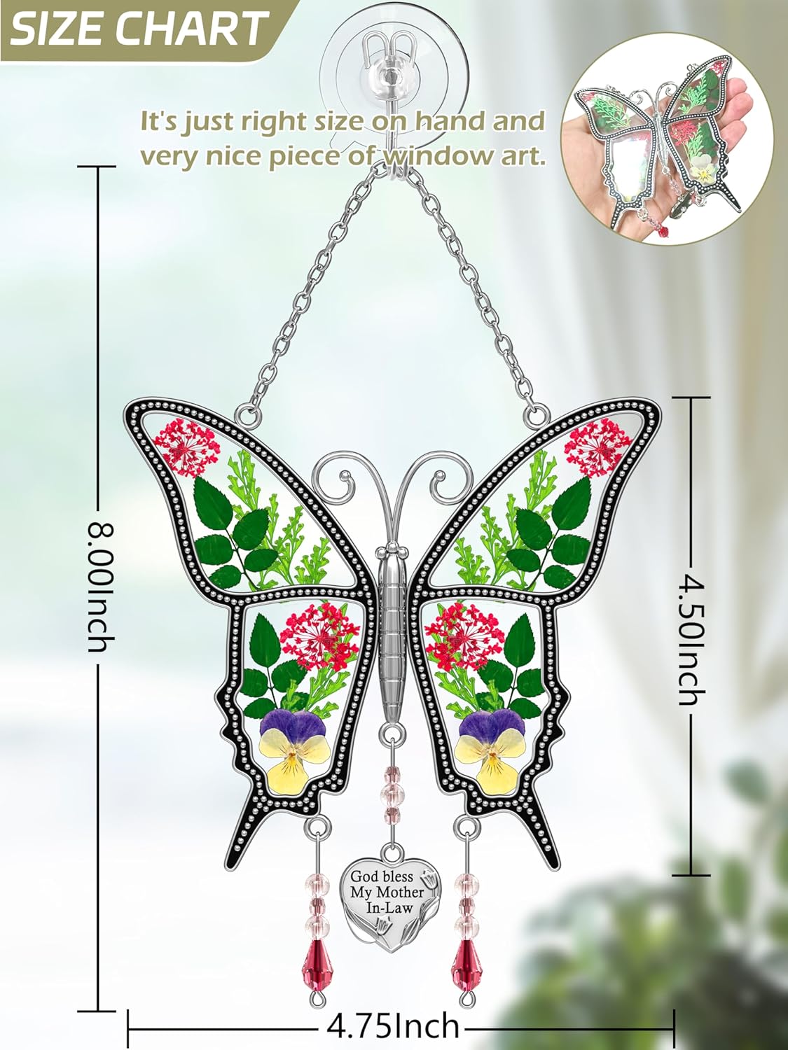 KY&BOSAM Gifts for Mom God Bless Mother in-Law Butterfly Suncatcher with Pressed Flower Wings and
