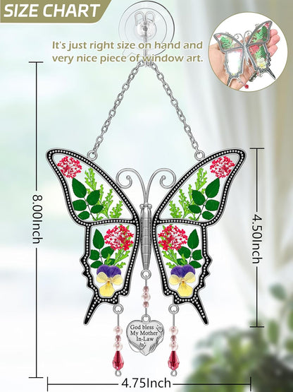 KY&BOSAM Gifts for Mom God Bless Mother in-Law Butterfly Suncatcher with Pressed Flower Wings and