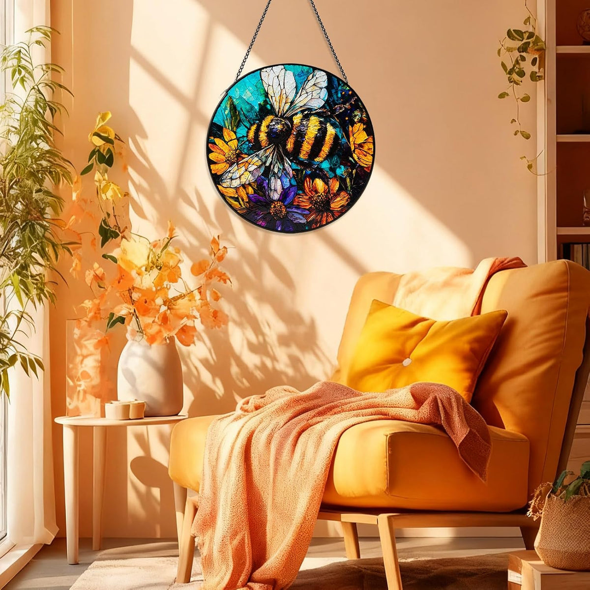 Stained Glass Window Hanging, Bee Yellow Flower Suncatcher for Doors Home Sun Catchers Decoration