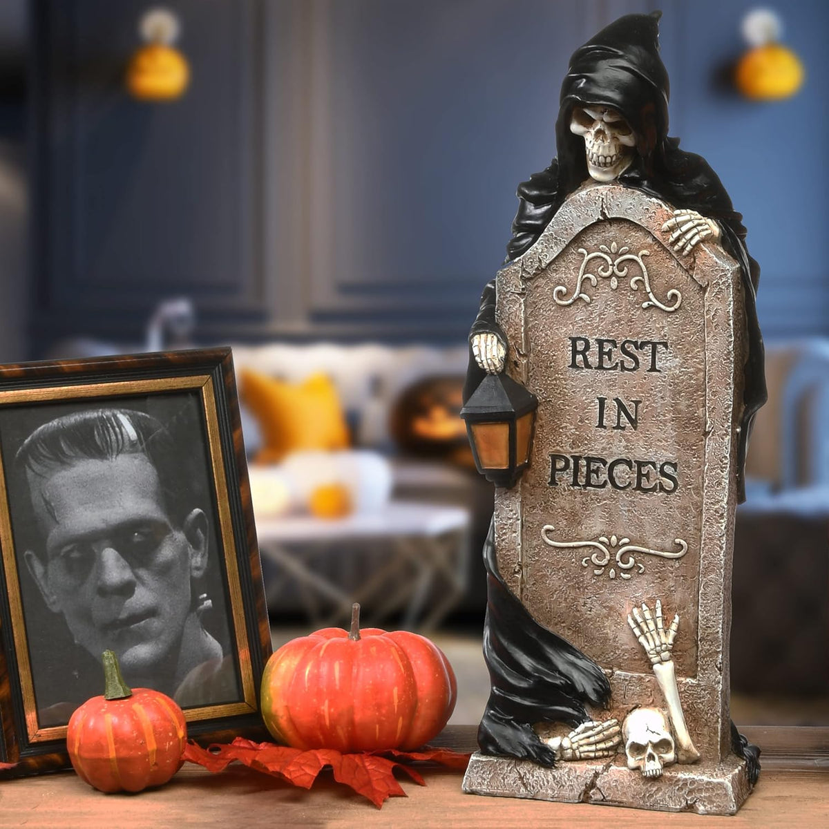 National Tree Company Skeleton Grim Reaper Standing with a Gravestone Decoration, Halloween