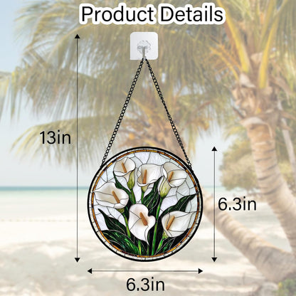 Stained Glass Window Hanging, White Calla Lily Flowers Sun Catchers Glass Panel Plant Suncatcher