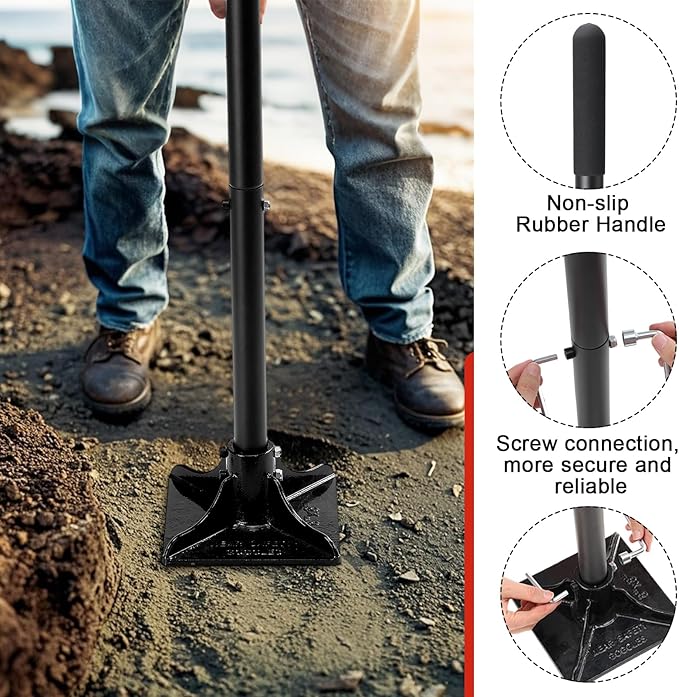 Steel Tamper Tool, Heavy Duty Garden Ground Steel Tamper Tool Kit Long Handle 58 Inch, 8x8” Square